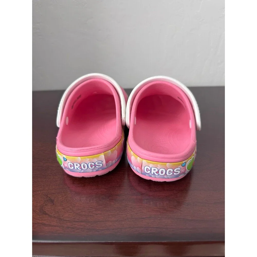 Crocs J1 Kids Pink Unicorn Rainbow Hearts Clogs Jibbitz Shoes Good Condition